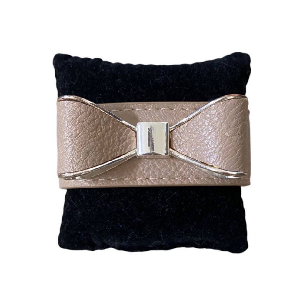 New York & Company Faux Leather Bow Wrap Bracelet Light Tan & Silver Tone OSFM